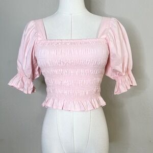 Rue Stiic Pink Smocked Puff Sleeve Crop Top Square Neck Ruffle Hem Size XS